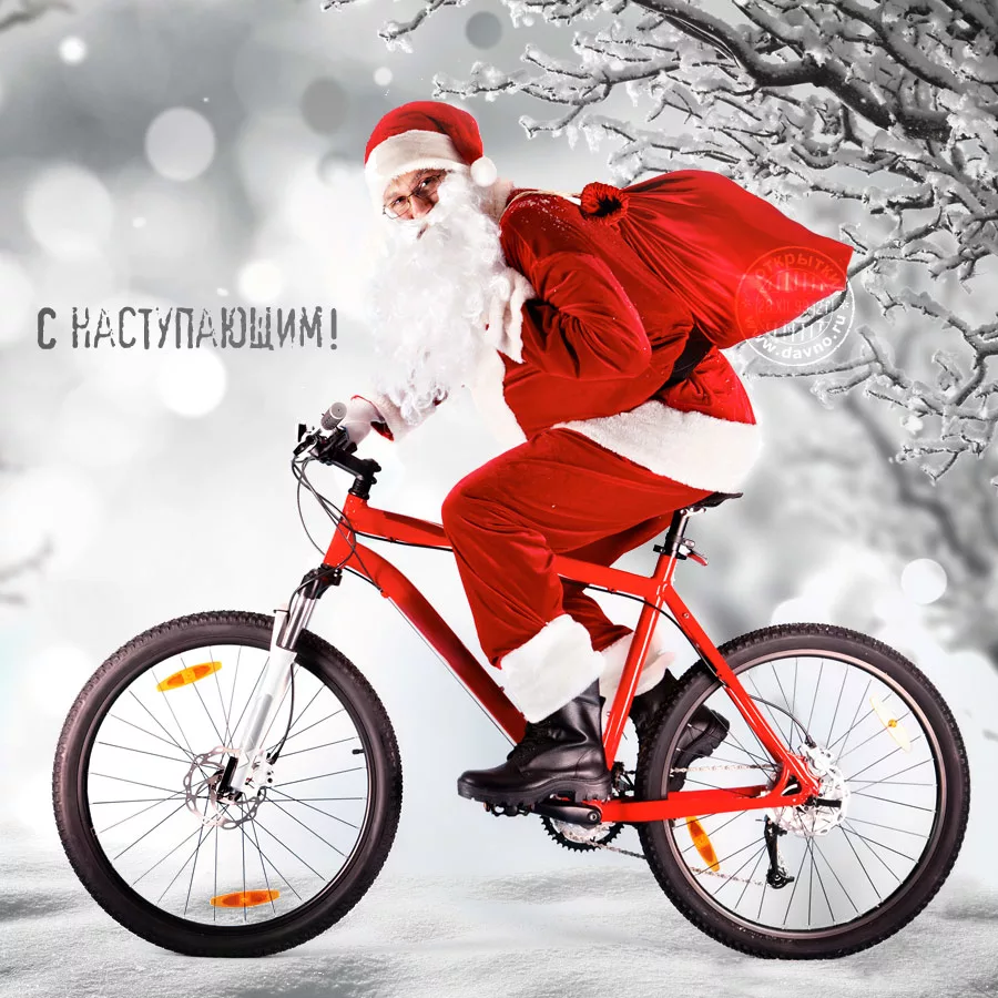 Новый год спортсмена. Новогодний велосипед. Дед Мороз на велосипеде. С новым годом велосипед. Современный дед Мороз.