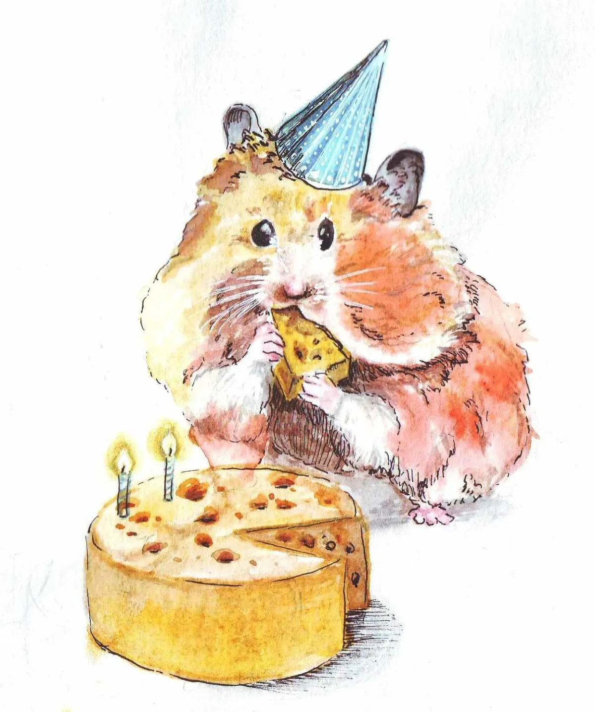 Хомячки открытка. Открытка с днем рождения акварель. Хомяк с тортиком. Котик с тортиком иллюстрация. Тортики с хомячками.