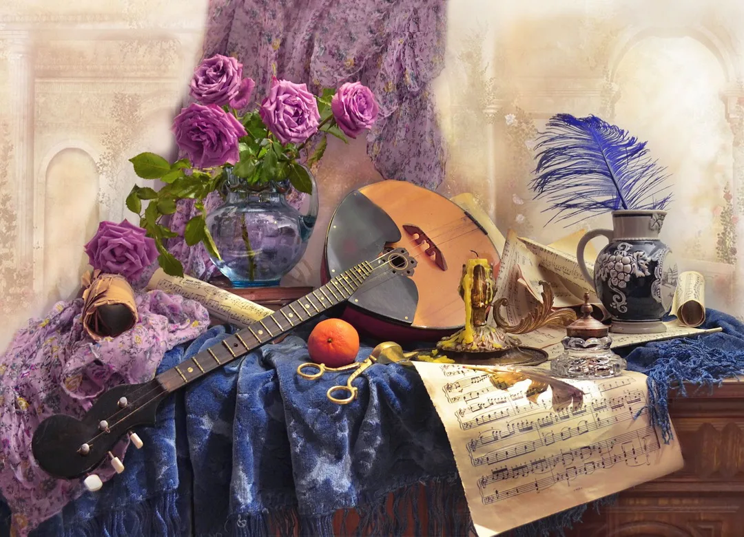 Натюрморт с музыкальными инструментами. Музыкальные инструменты и цветы. Домра и цветы. Творческий натюрморт.