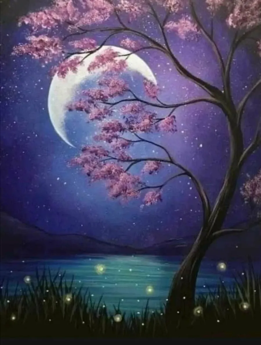 Приятных снов картинки весенние. Спокойной весенней ночи. Картина Луна. Пейзаж Сакура и Луна. Красивая ночь.