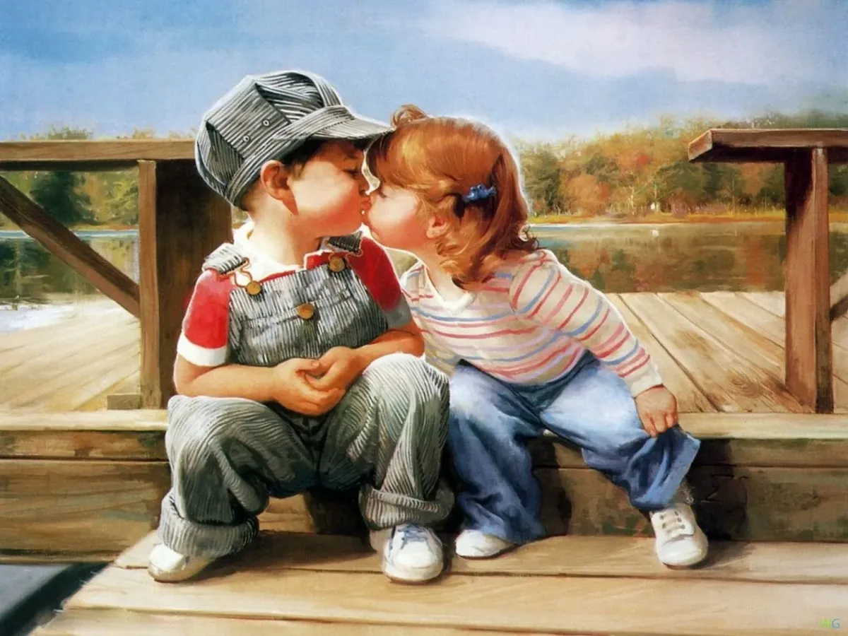 Где мальчик и девочка сделала. Donald Zolan картины. Детский поцелуй. Картина мальчик и девочка.