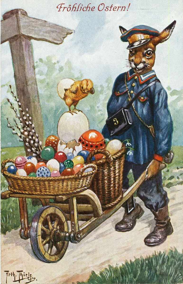 Иллюстратор Arthur Thiele (1860-1936). Пасхальные открытки. Открытки с немецкой Пасхой. Винтажная открытка с Пасхой.