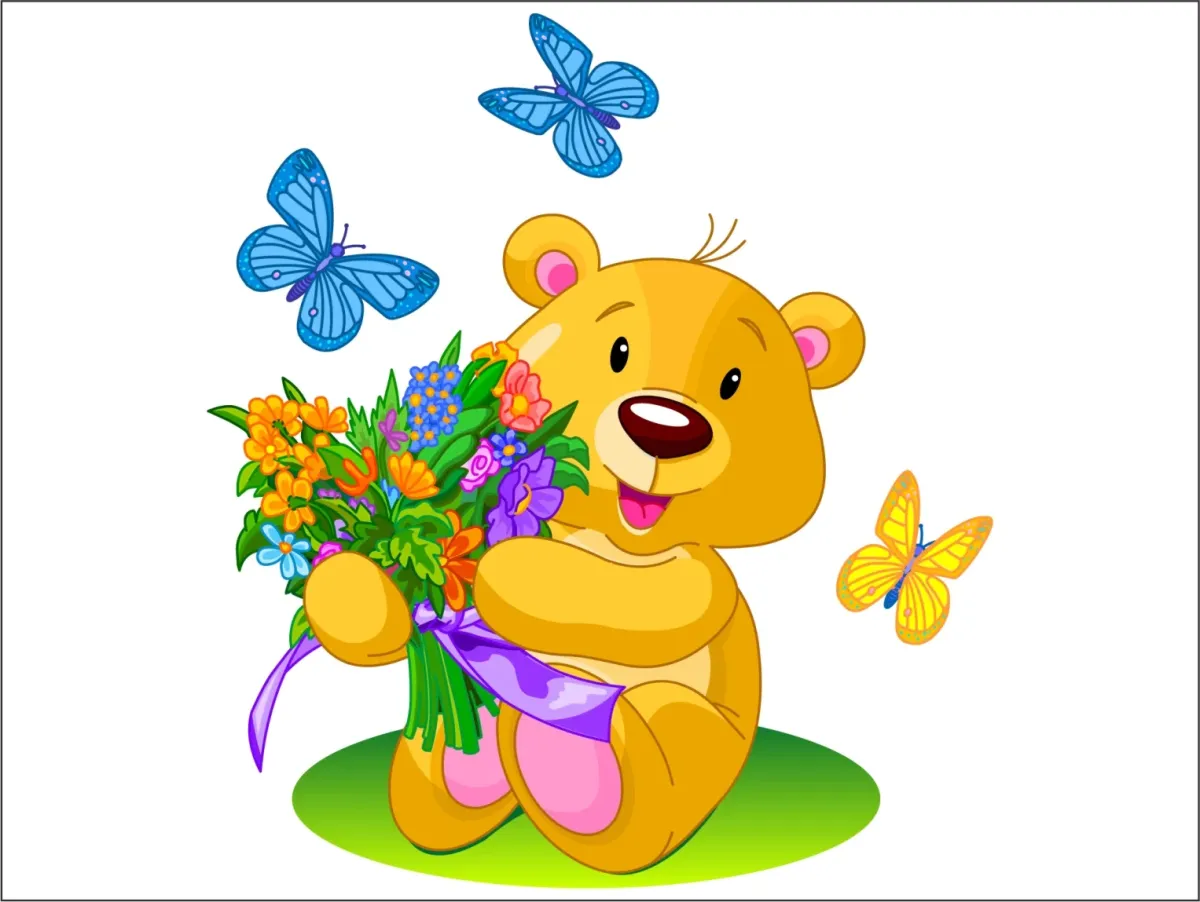 Детские картинки поздравляю. Мишка с цветами. Медвежонок с цветами. Цветы мультяшные. Цветочки мультяшки.