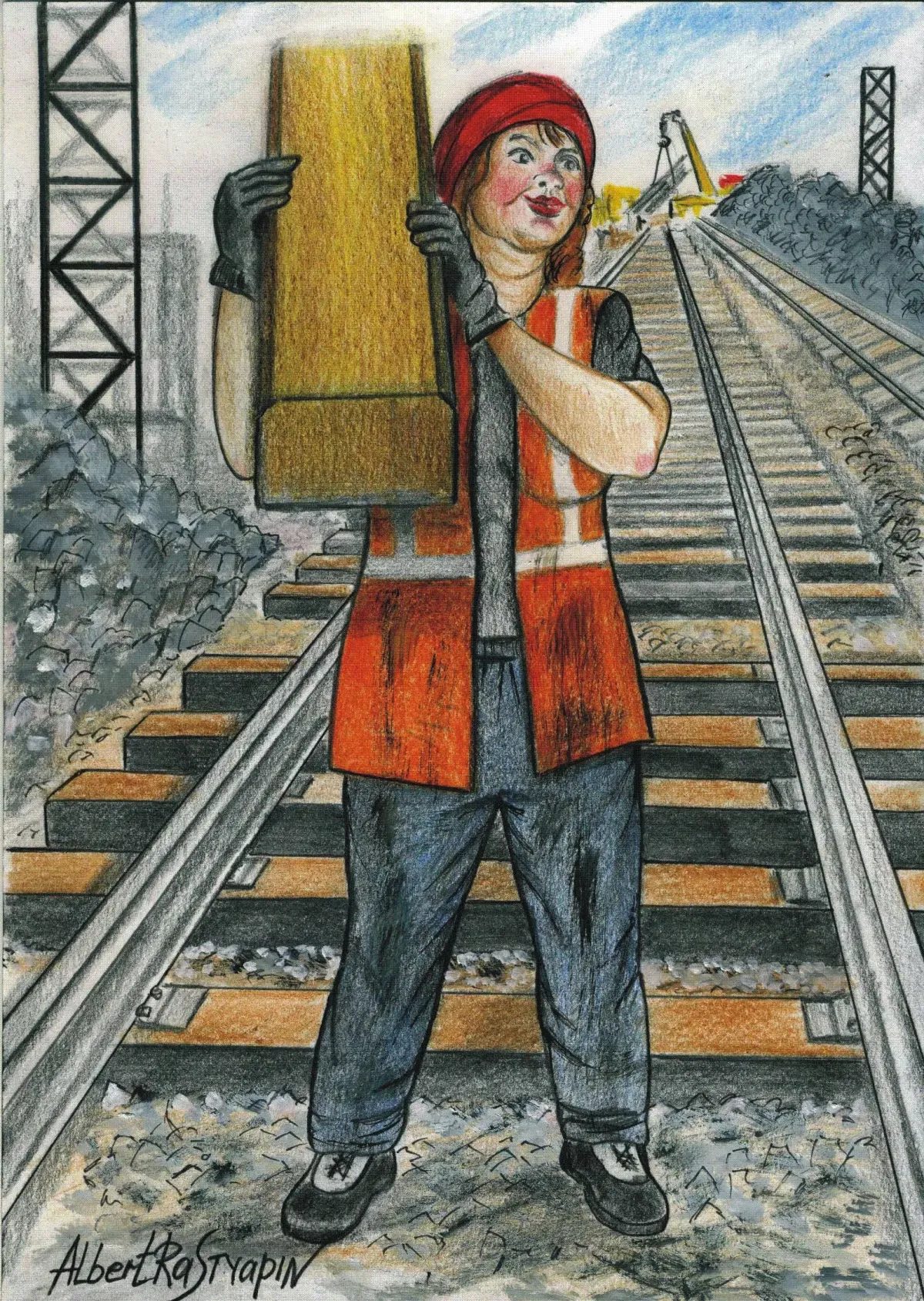 Глупый труд. Профессии на железной дороге. Женщина со шпалой. Человек на железной дороге. Железнодорожник иллюстрация.