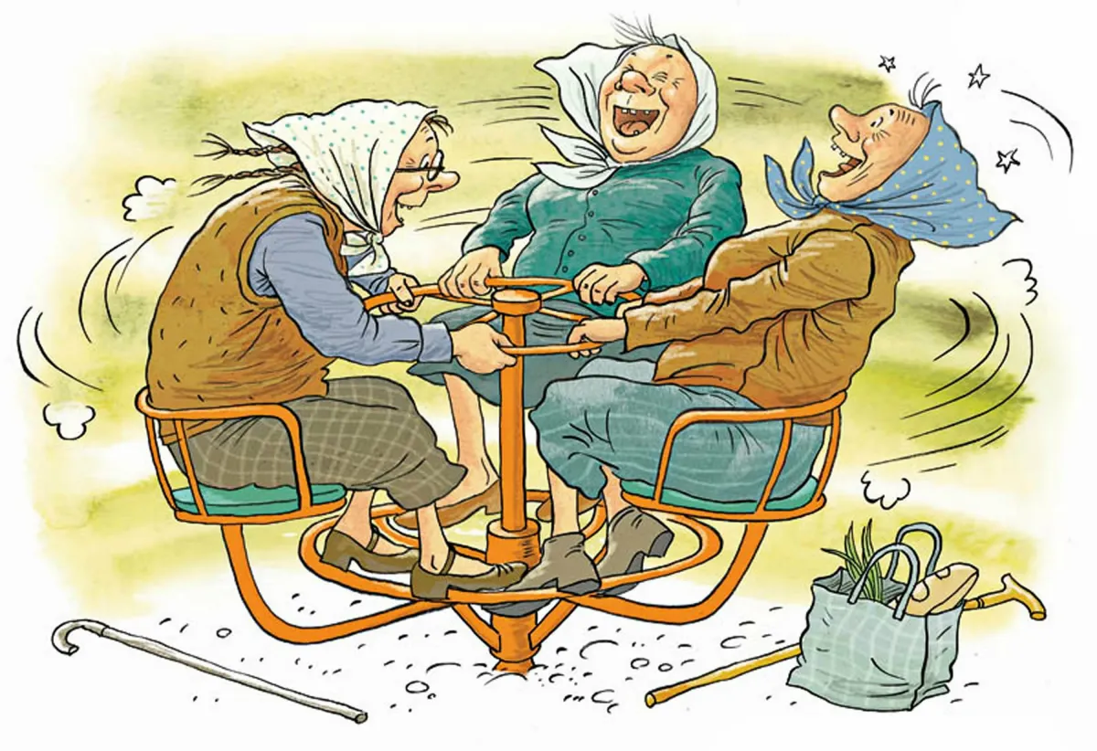Старушки подружки. Веселые бабки. Юмористические иллюстрации. Веселые бабушка и дедушка. Увидев дедушку люди улыбаются готовы помочь