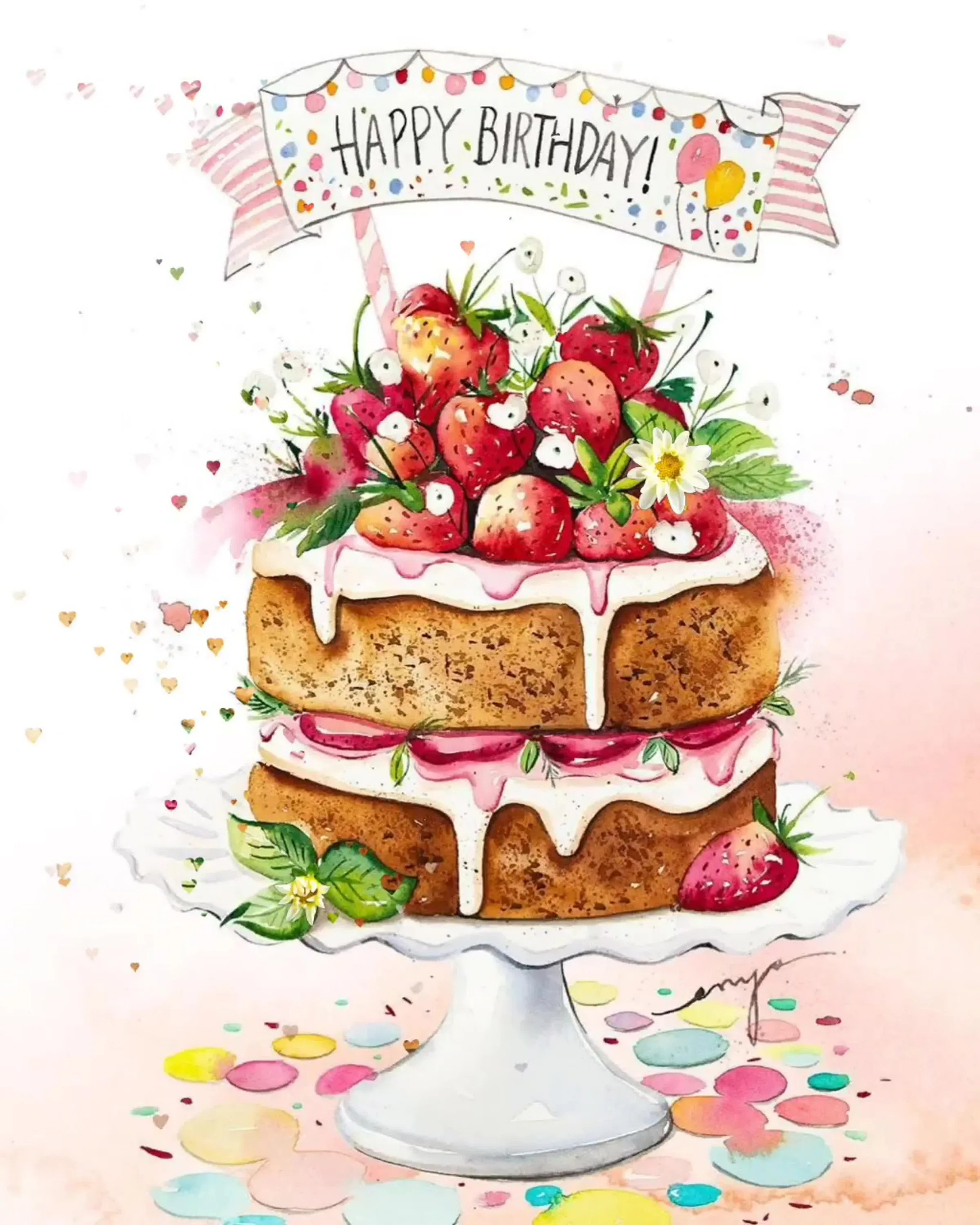 Открытка торт с днем рождения женщине. Открытка с днём рождения торт. Открытки с днём РОЖДЕНИЯС тортом. Открытка с изображением торта. С днем рождения акварель.