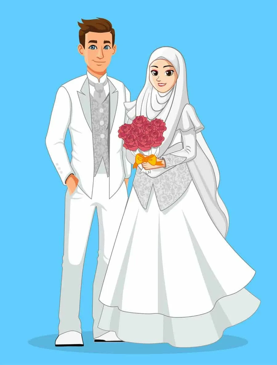 Мусульманские жених и невеста. Мусульманская свадьба рисунок. Мультяшная мусульманская свадьба. Жених и невеста мусульманка вектор. С днем свадьбы татарский