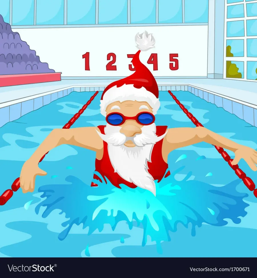 Новый год спортсмена. Дед Мороз в бассейне. Новый год в бассейне. Новогодняя открытка с бассейном. Новогодний бассейн.